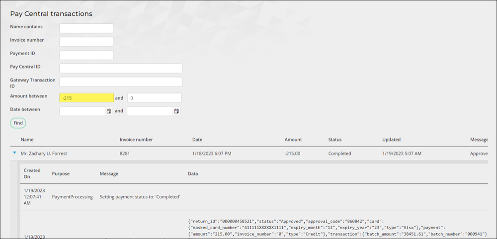 Entering a negative amount in the amount between field to search for a refund